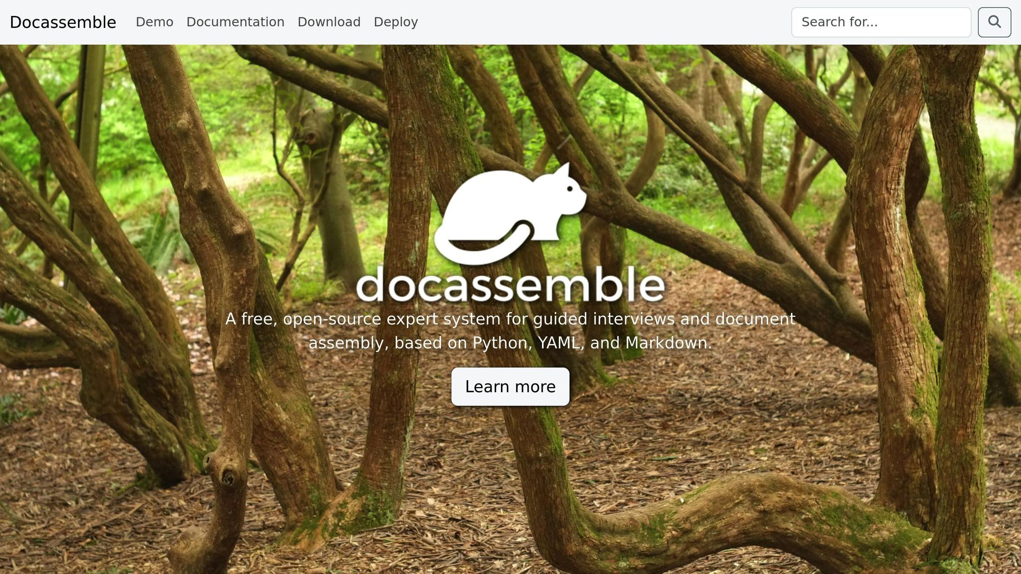 Screenshot of Docassemble homepage showing a forest background with a white rabbit logo and navigation menu at the top.