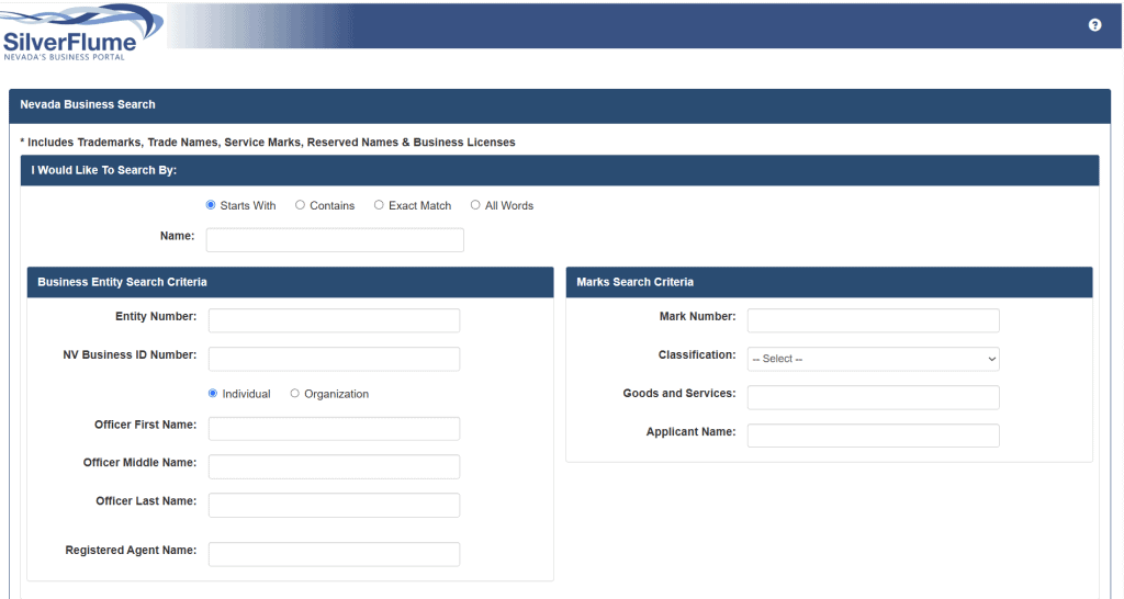 Screenshot of the Nevada Business Entity Search tool