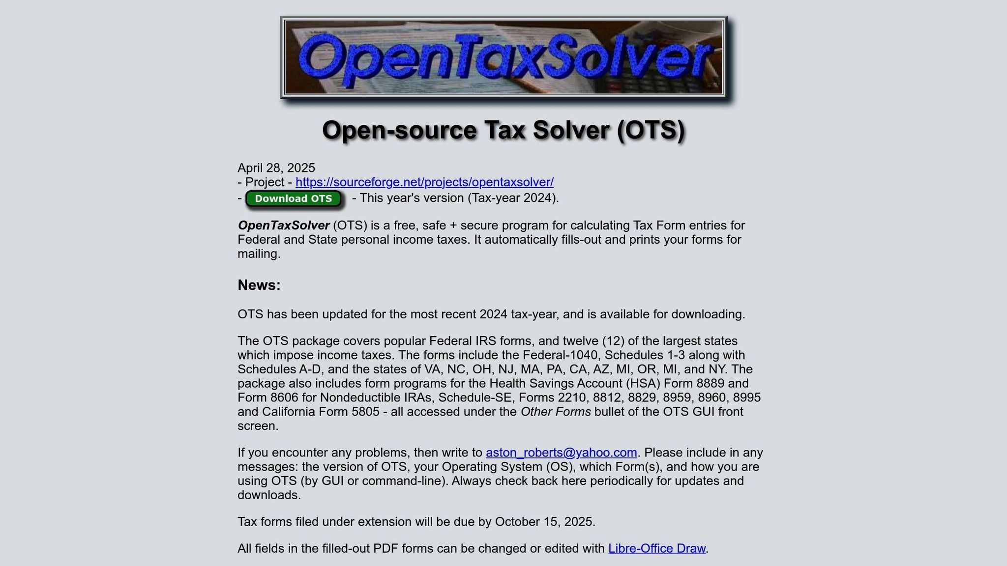 OpenTaxSolver logo displayed on a webpage for open-source tax filing software, highlighting its features and download options.