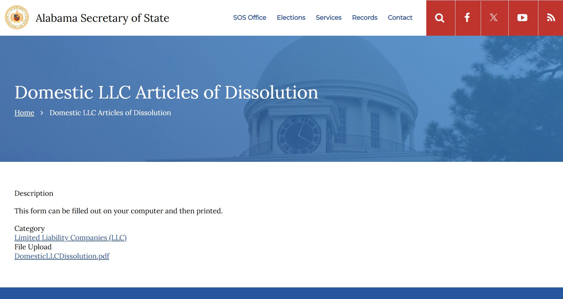 Official Alabama Secretary of State webpage showing LLC dissolution articles with government branding and document details.
