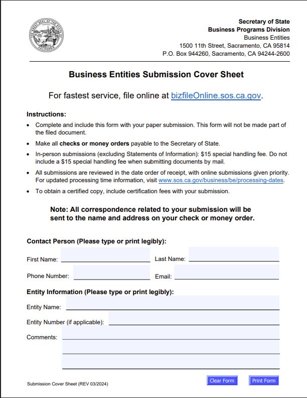 Official California Business Entities Submission Cover Sheet for LLC dissolution with instructions and contact details.
