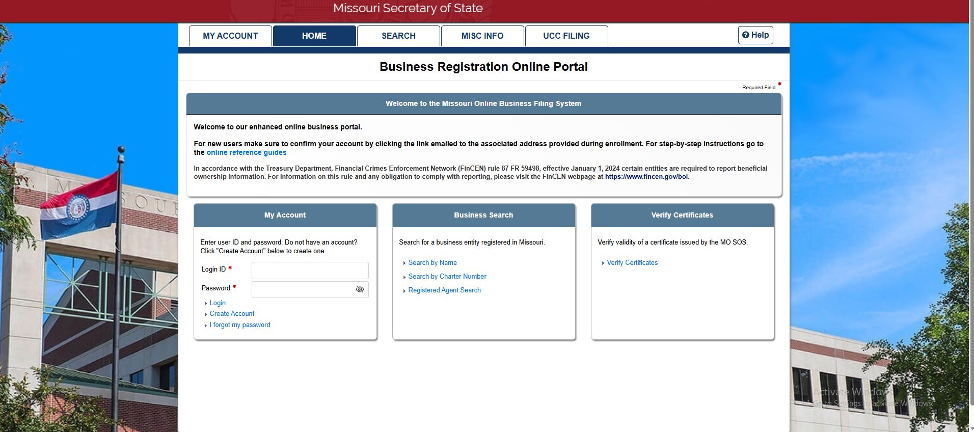 Screenshot of the Missouri Business Registration Online Portal for LLC management and dissolution.