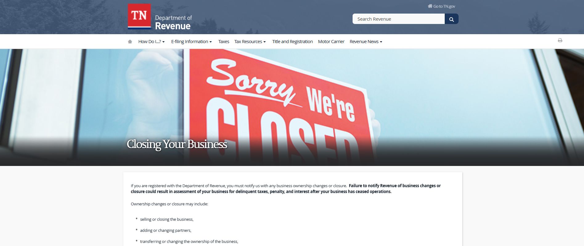 Business closure sign on a storefront window indicating the business is closed, related to dissolving an LLC in Tennessee.