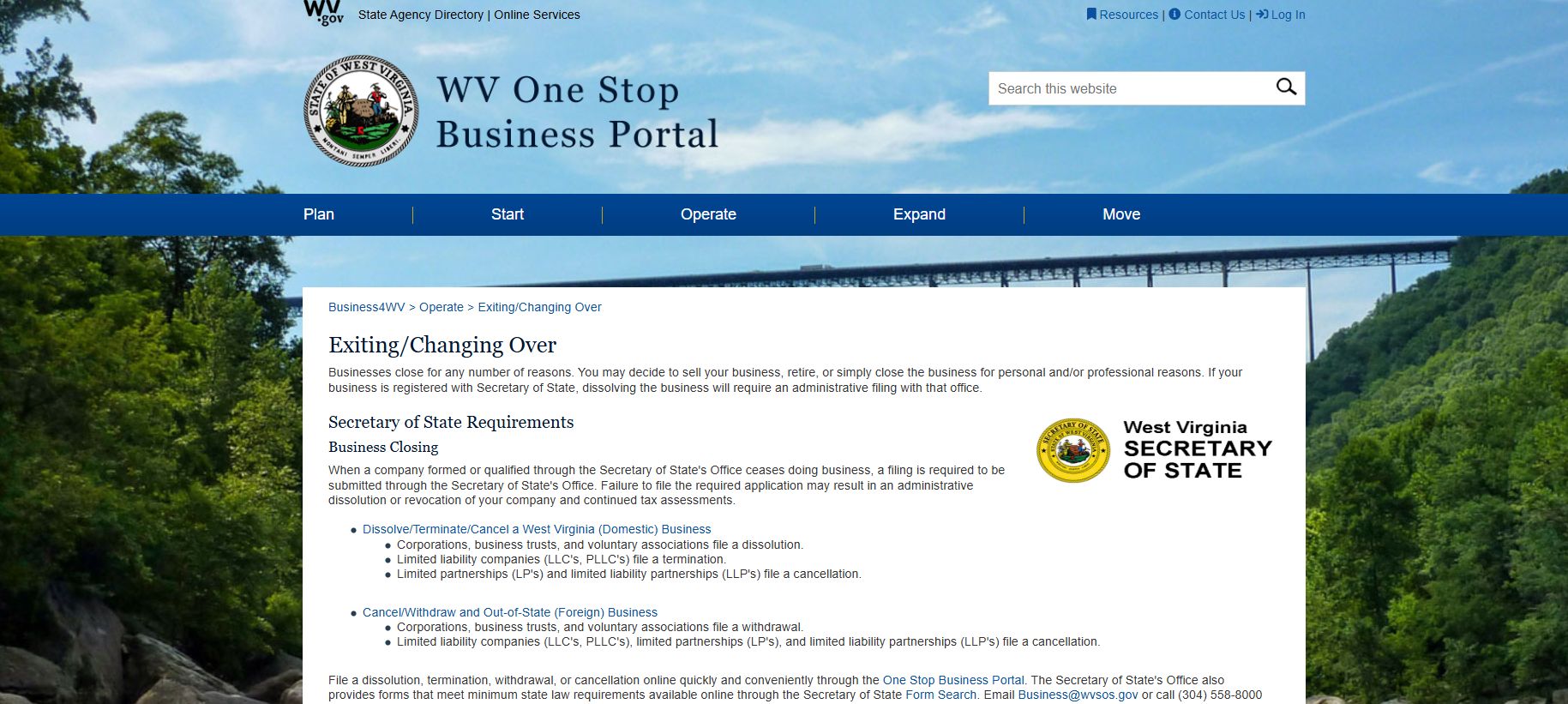 Screenshot of the WV One Stop Business Portal for dissolving an LLC in West Virginia, showing navigation and official state information.