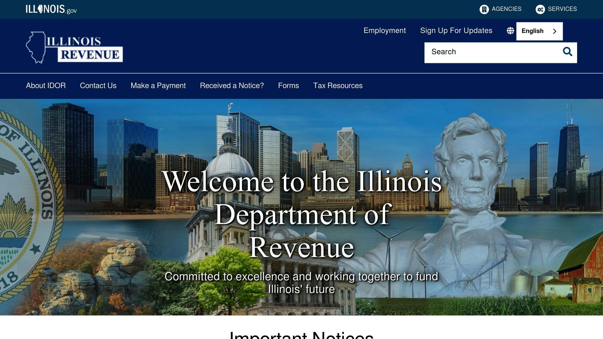 Official Illinois Department of Revenue building with Chicago skyline in background, representing state tax and business services.