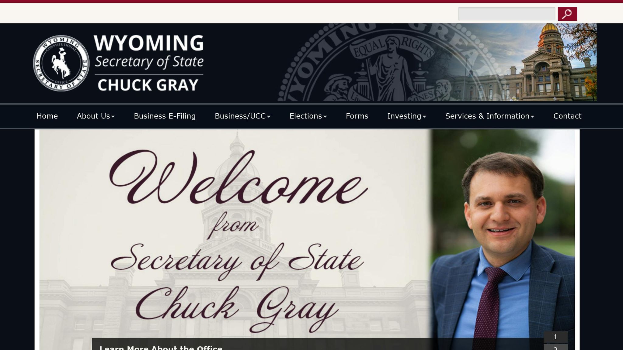 Official image of Wyoming Secretary of State Chuck Gray, welcoming visitors to the Wyoming Secretary of State website.