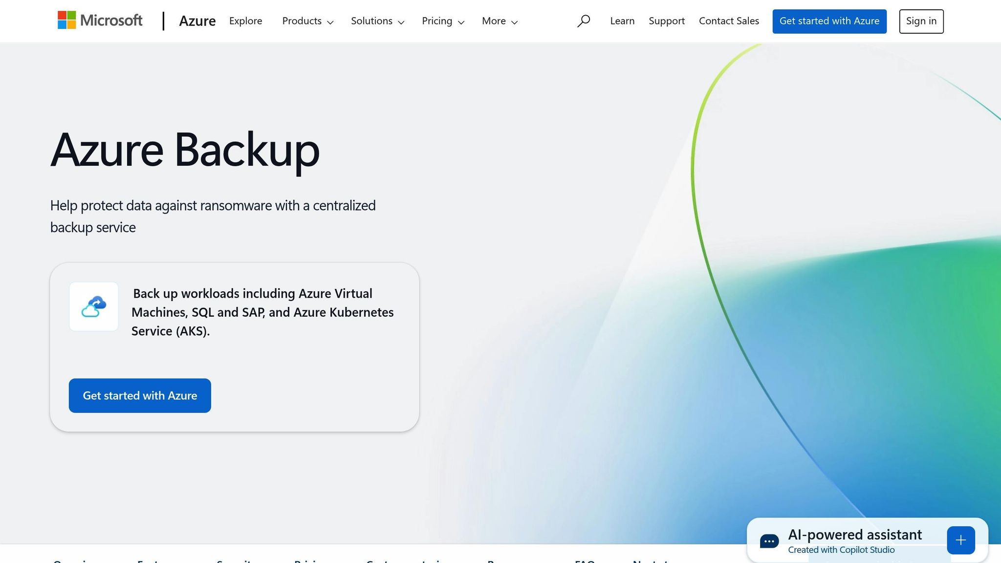 Azure Backup service interface showing options for virtual machine and database backups, emphasizing secure data protection for small businesses.