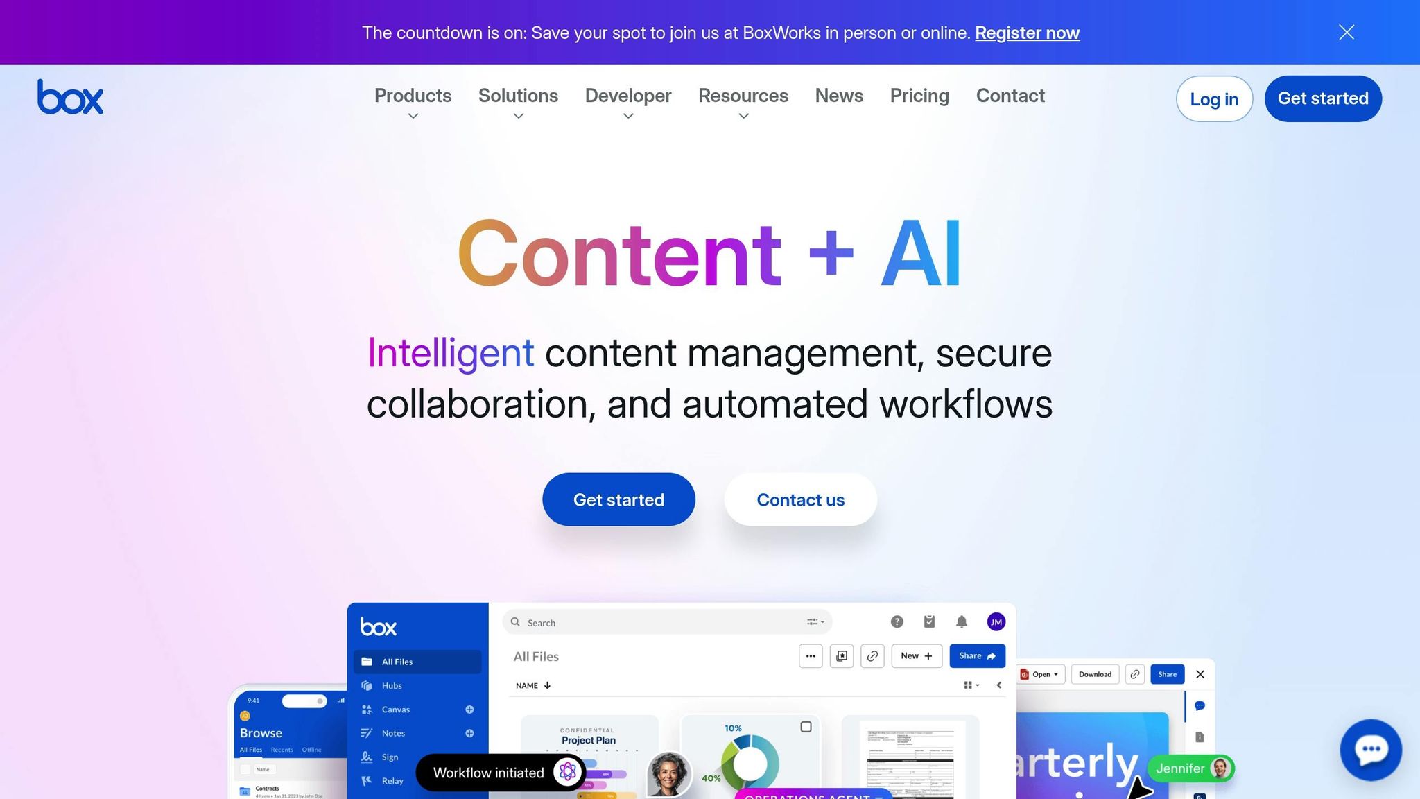 Screenshot of Box's content management platform showcasing AI-powered features and collaboration tools for efficient document handling.