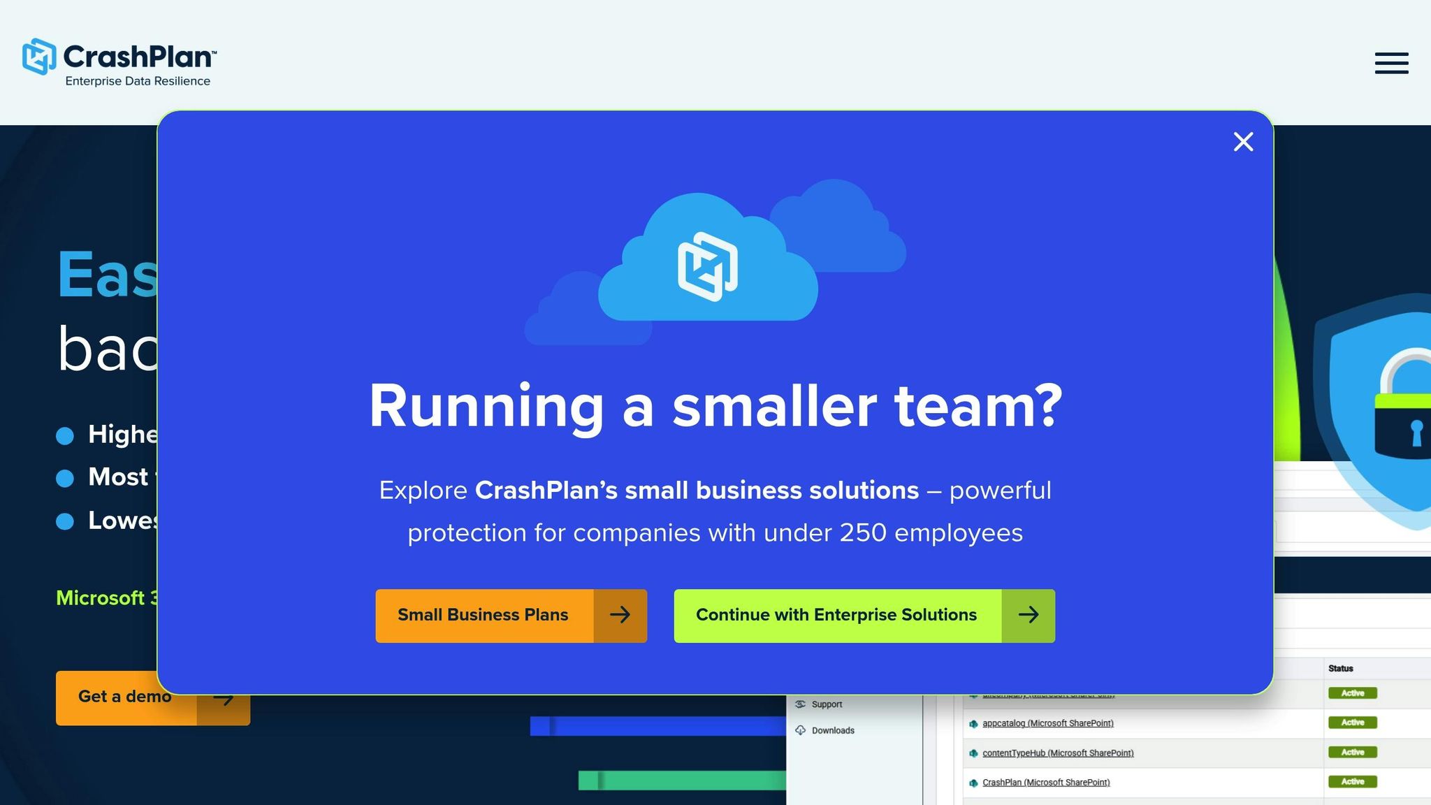 Screenshot of CrashPlan's small business backup solutions webpage showing options for small teams and enterprise solutions.