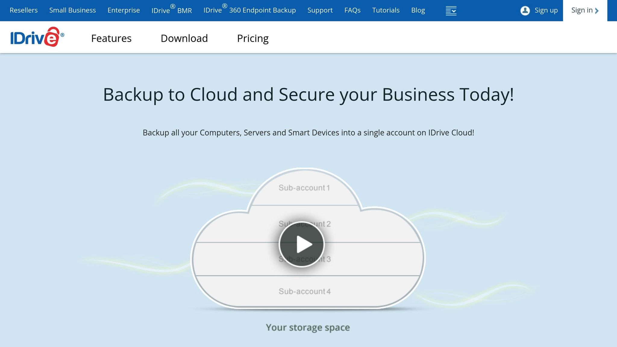 Illustration of cloud backup service with multiple sub-accounts for secure business data storage and protection.