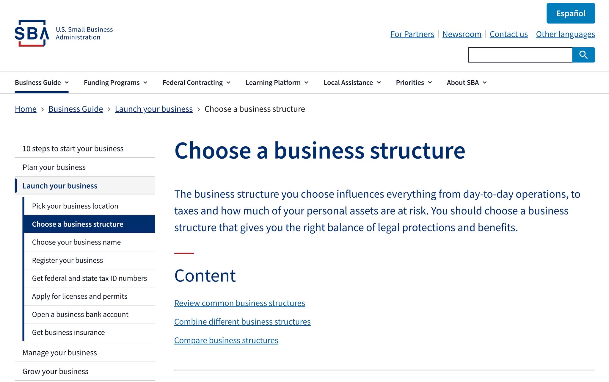 US small business administration how to choose a business structure.