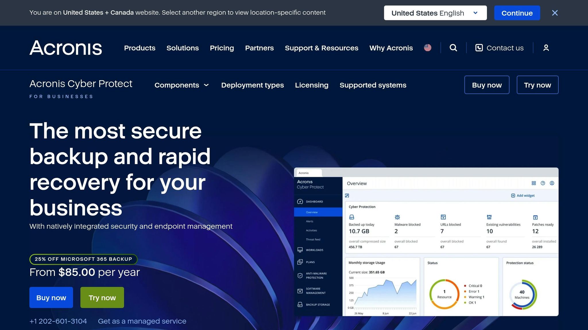 Dashboard screenshot of Acronis Cyber Protect showing backup status, recovery options, and security features for small business data protection.
