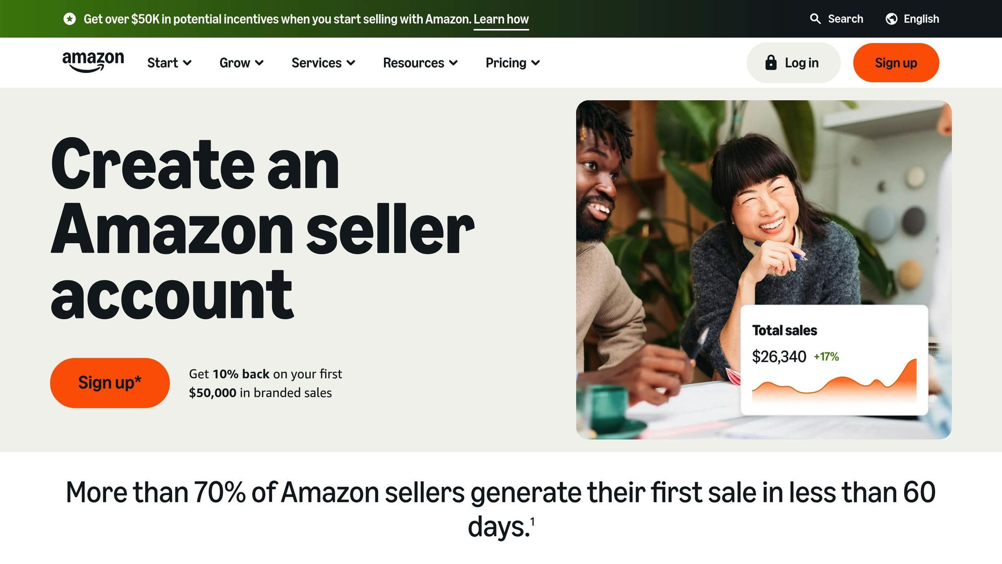 Screenshot of Amazon Seller Central homepage showing the 'Create an Amazon seller account' section with a diverse group of people discussing.