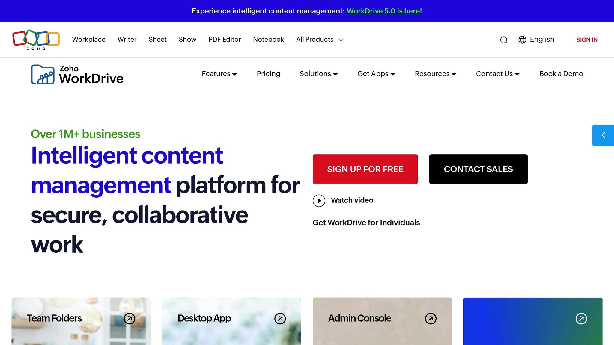 Zoho WorkDrive platform for secure, collaborative cloud document management with team folders, desktop app, and admin console features.