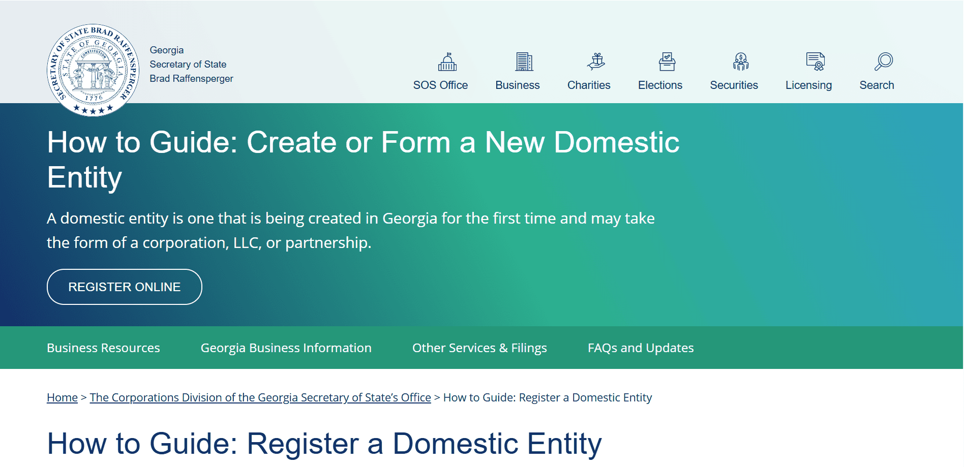 Screenshot of the Georgia Secretary of State website