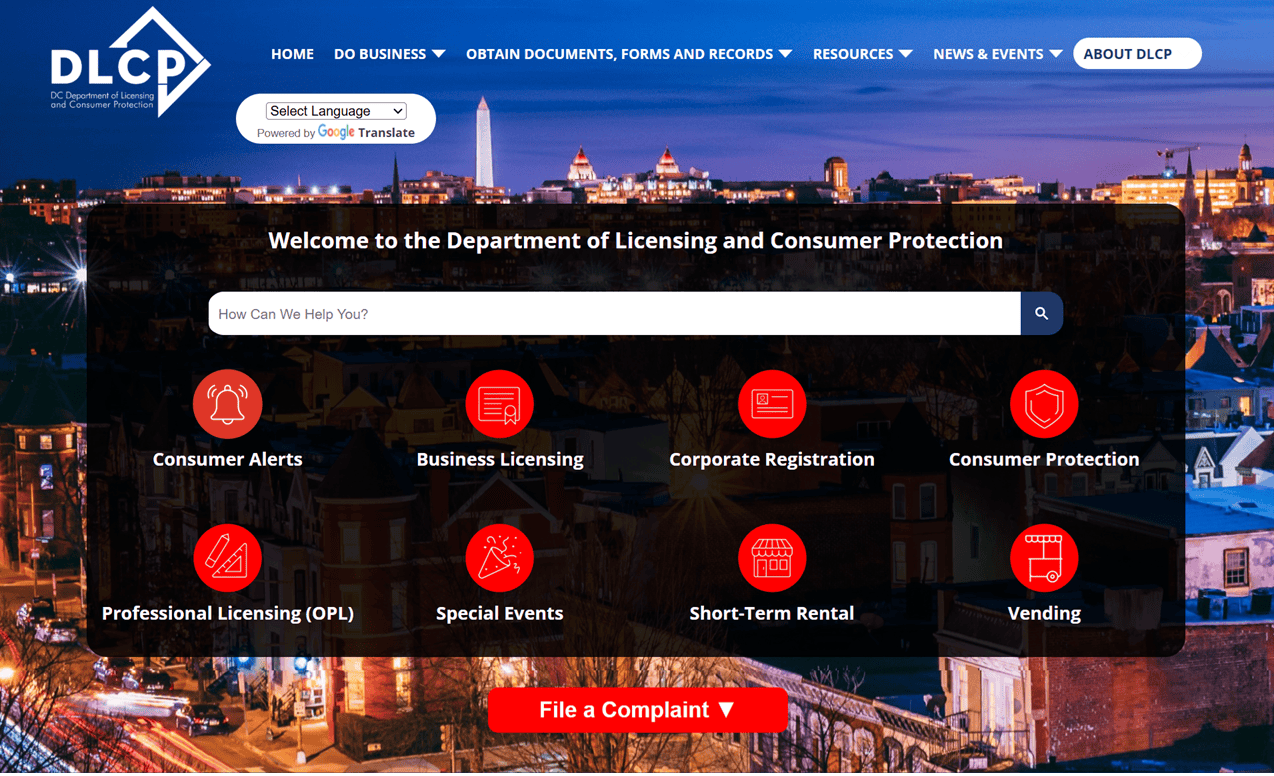 Image of the Washington DC secretary of state page - How to start an LLC in Washington DC