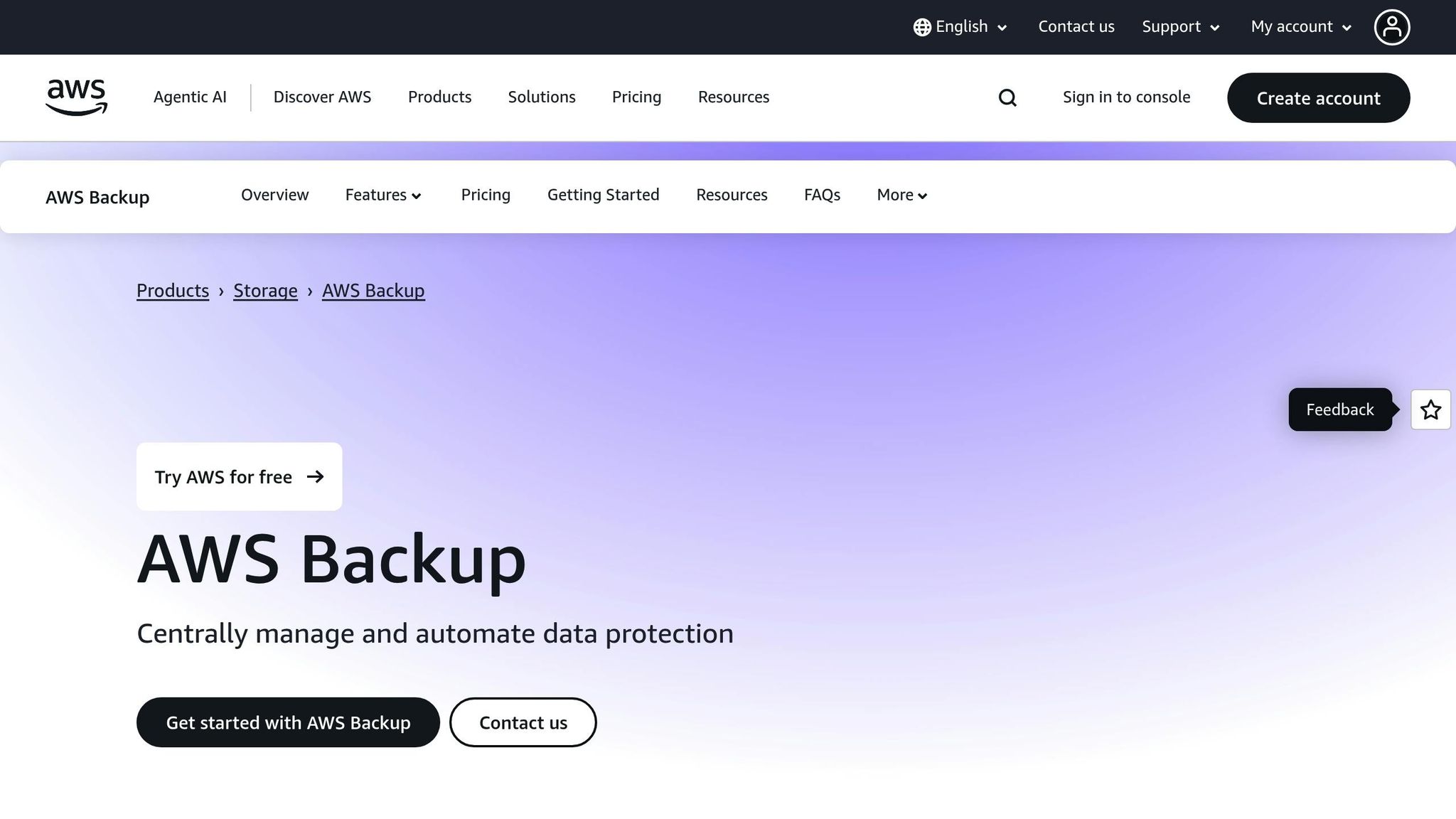 AWS Backup webpage showing data protection and management options for small businesses.
