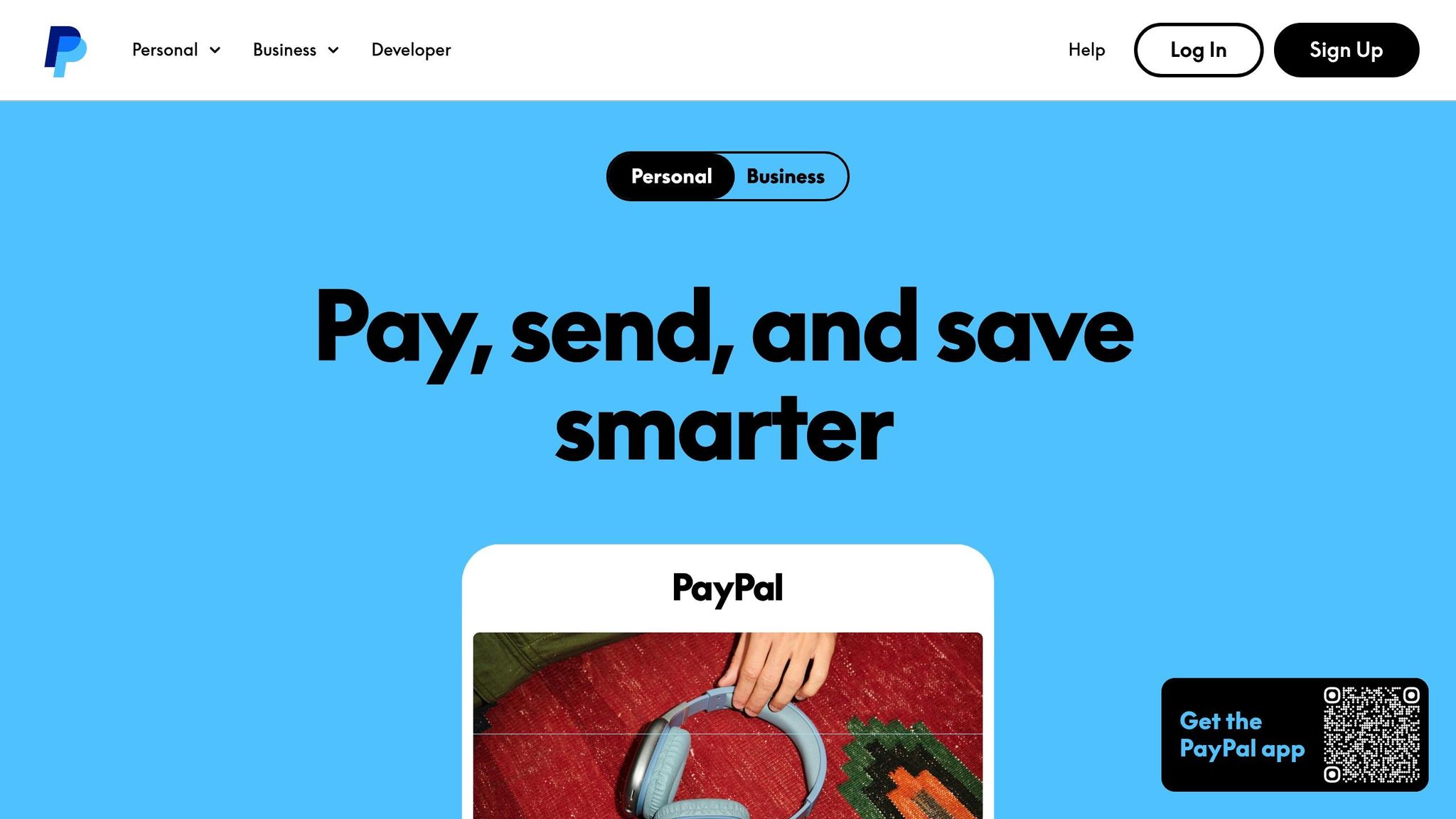 Illustration of a mobile device displaying PayPal payment options on a blue background, emphasizing digital payments and multi-currency support.