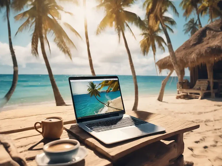 Laptop on beach table with tropical scenery.