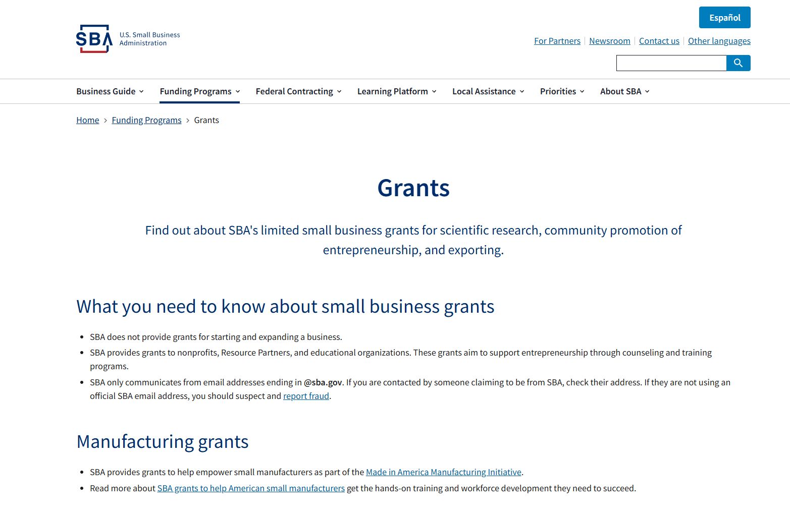 Information about SBA small business grants for scientific research, community promotion, and entrepreneurship support.