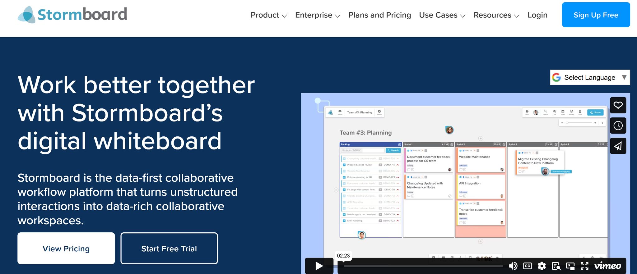 Screenshot of Stormboard's digital whiteboard platform showcasing collaborative workspace features for small businesses.