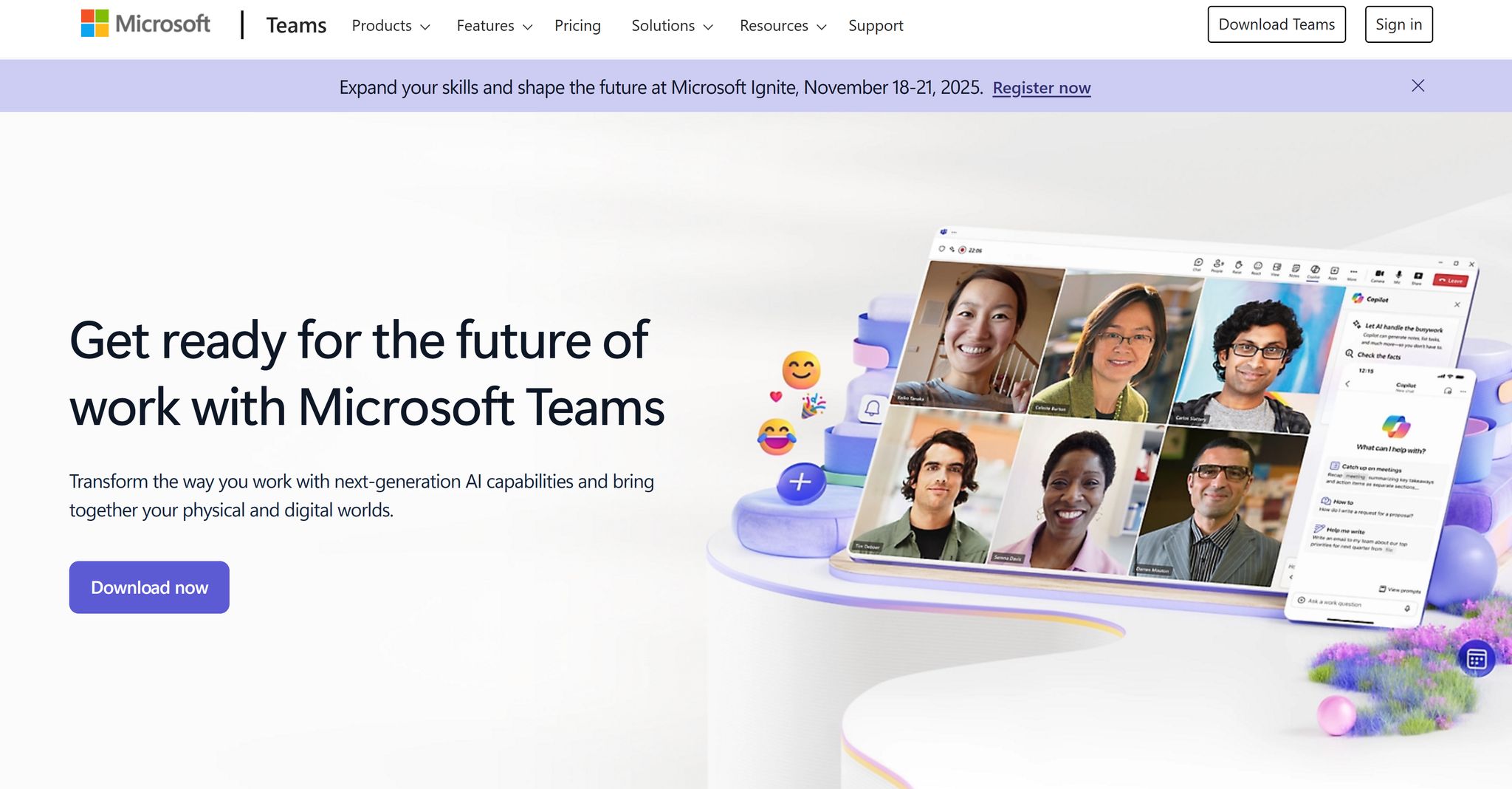 Screenshot of Microsoft Teams showing a video call with diverse team members and chat features, emphasizing remote teamwork and digital collaboration tools.