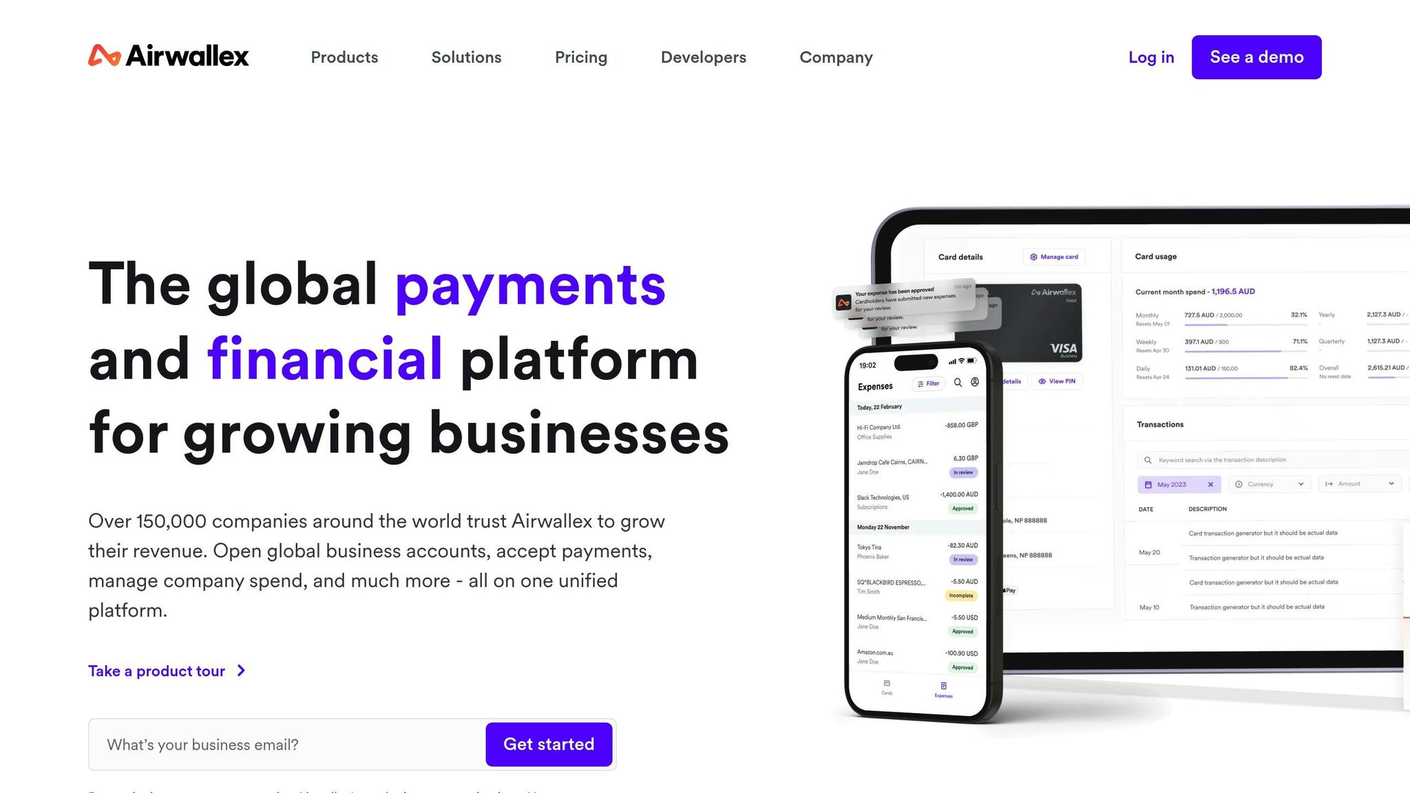 Airwallex global payments and financial platform shown on mobile and desktop screens, supporting multi-currency transactions for businesses.