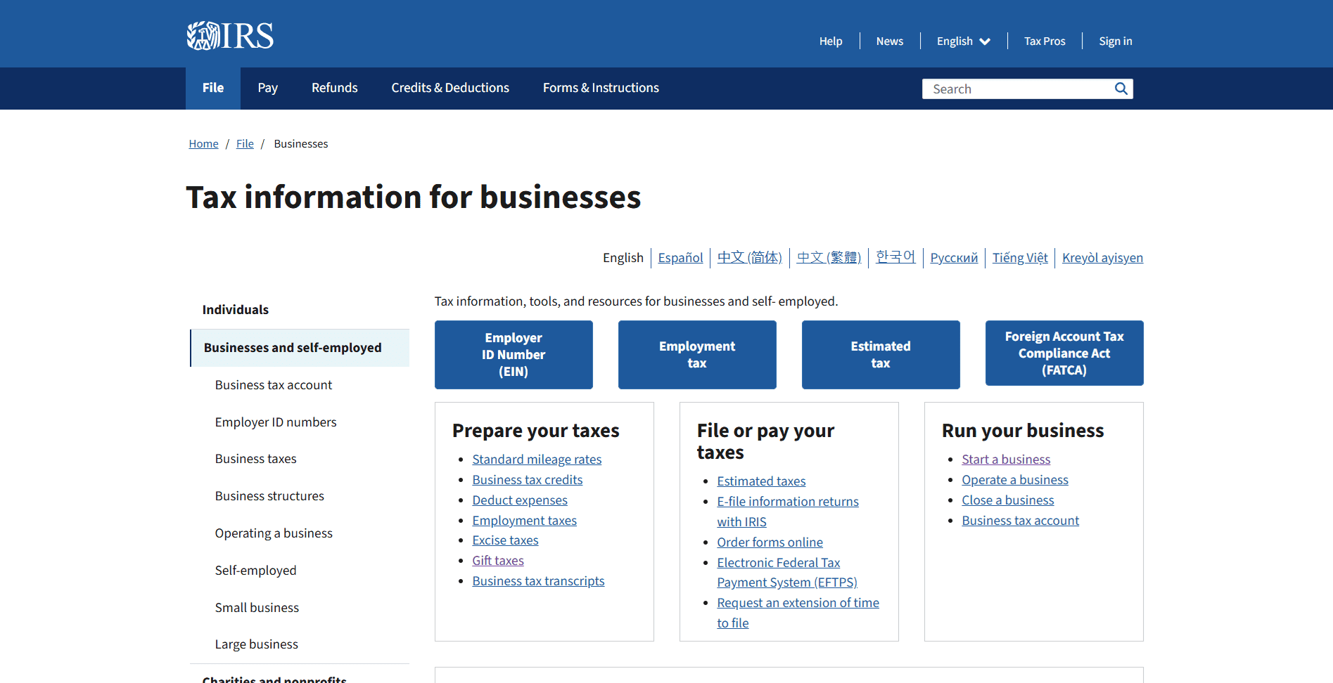 Employer tax and business filing resources on IRS.gov for self-employed and business taxpayers.