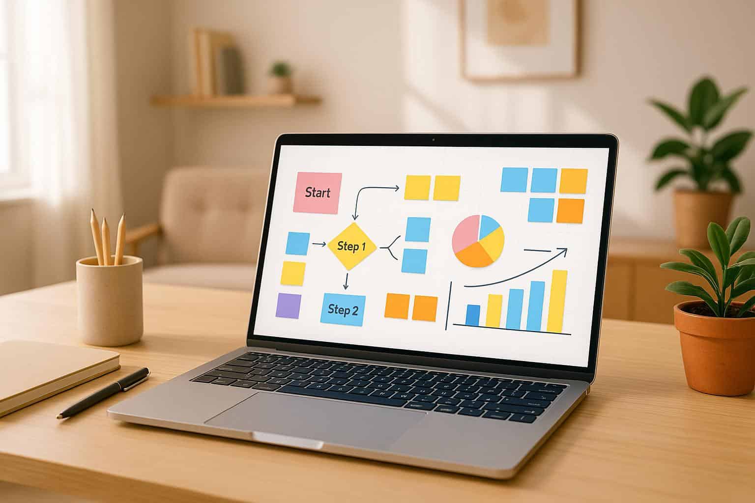A laptop displaying a colorful business flowchart with steps, diagrams, and graphs, set on a tidy wooden desk surrounded by minimal decor, representing remote business planning and online entrepreneurship.