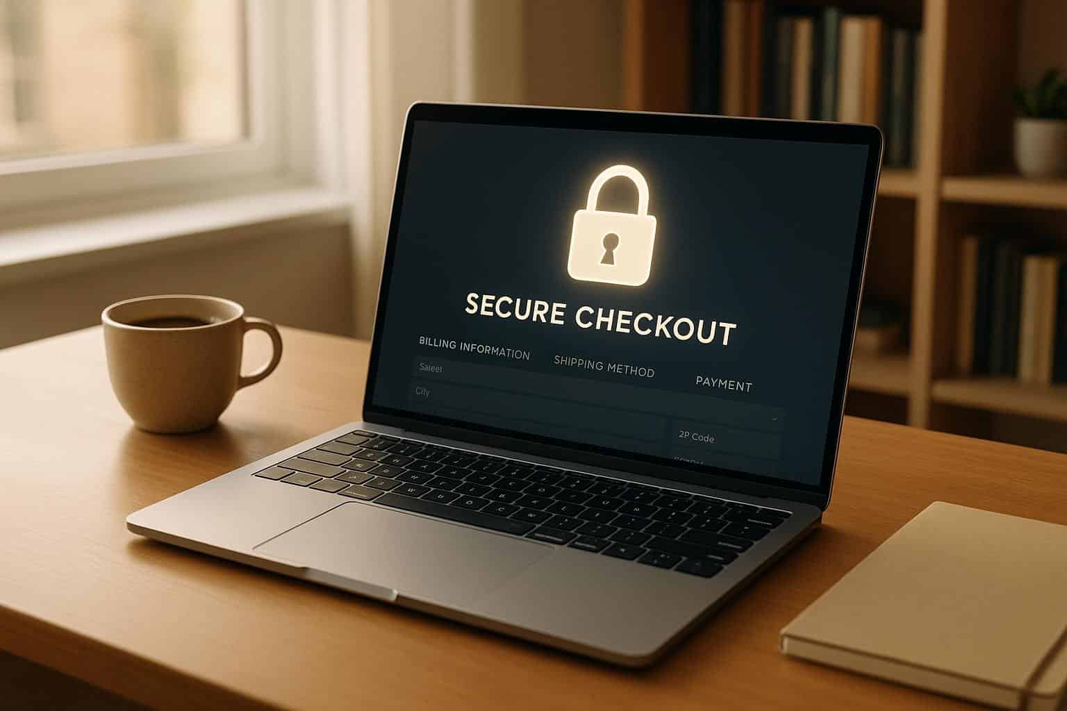 Laptop screen displaying secure checkout page with lock icon, emphasizing online security and safe digital transactions.