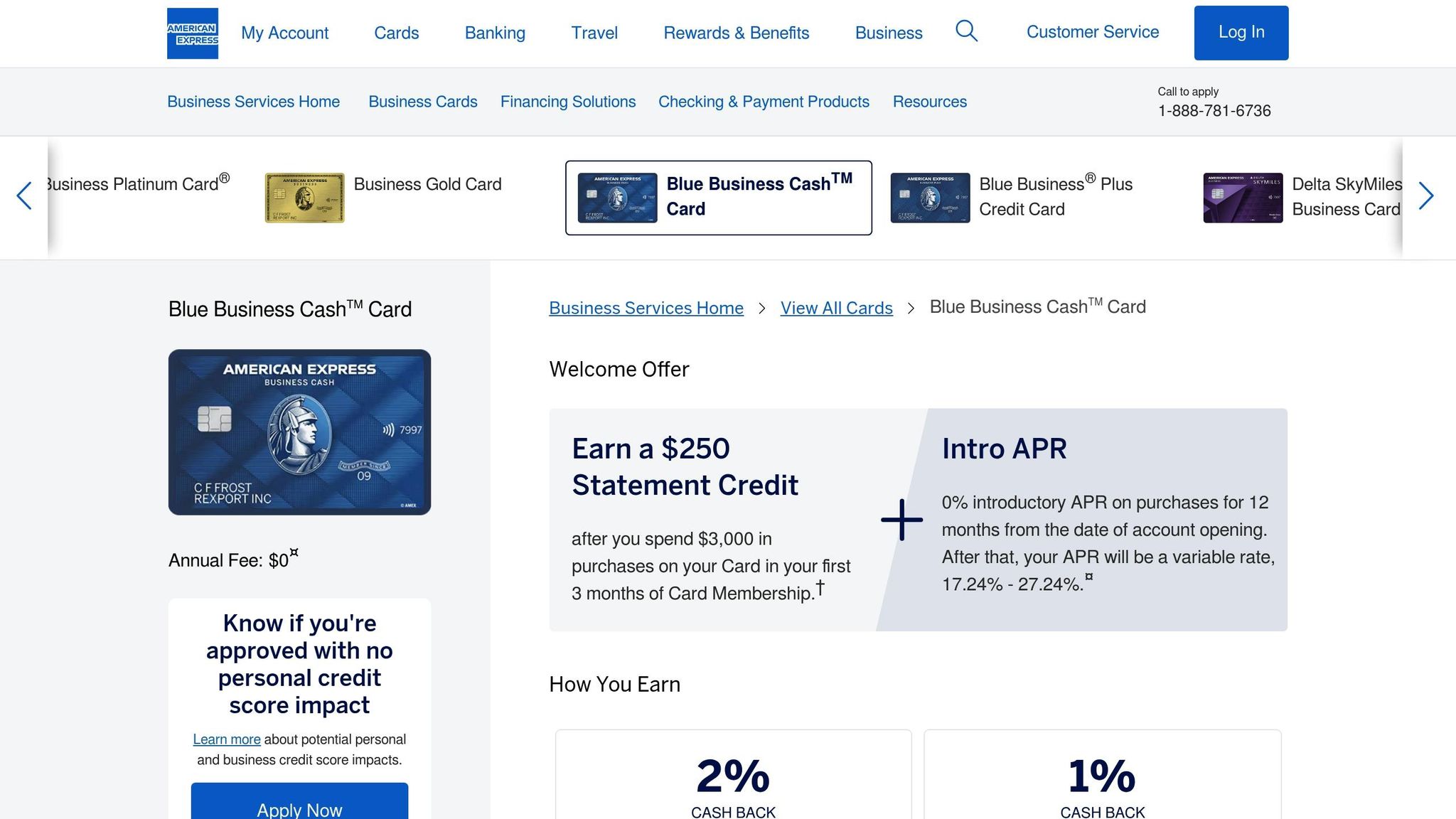 Blue Business Cash Card from American Express with cashback benefits for small business owners.