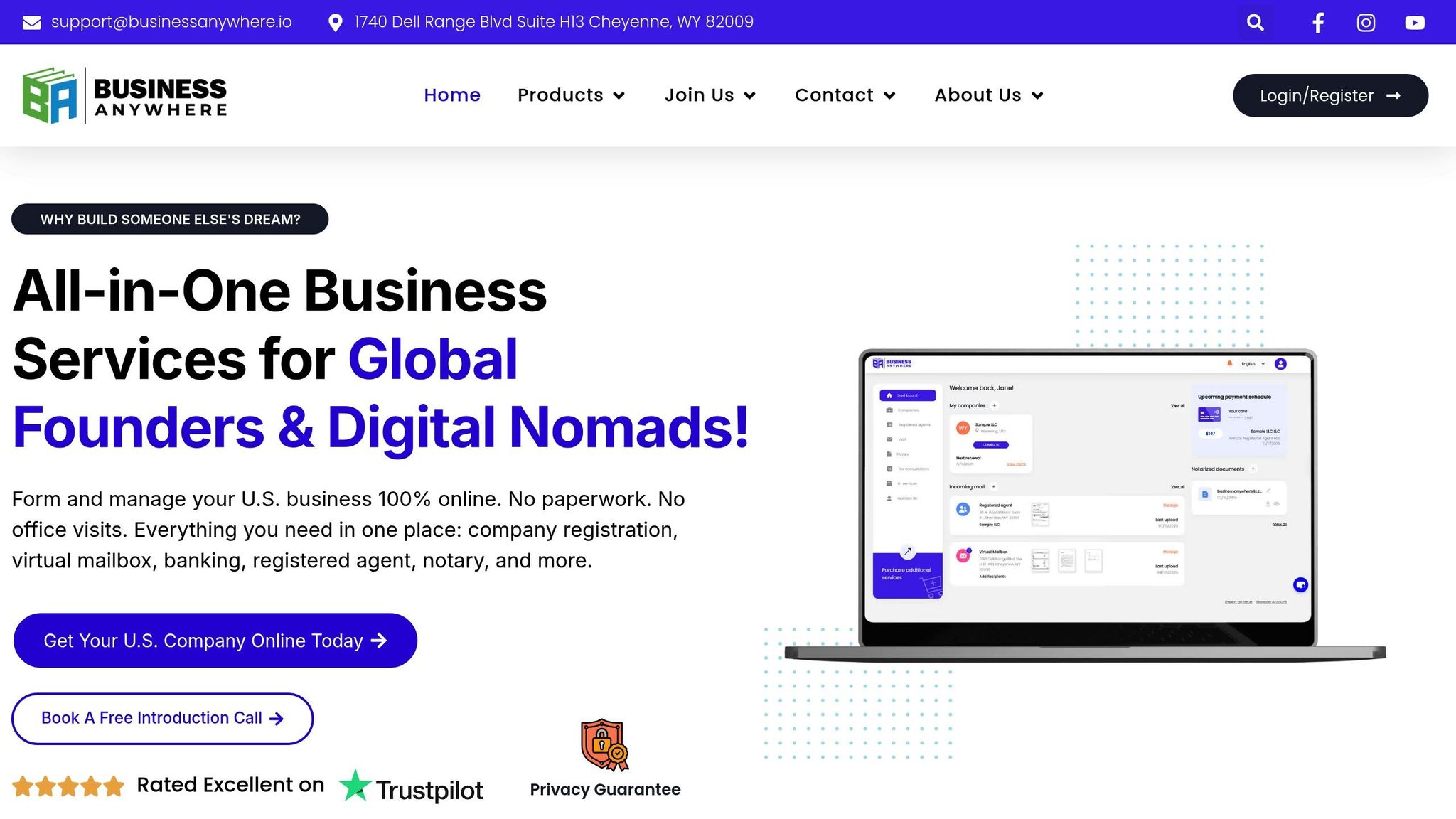 Business Anywhere offers comprehensive global business services for founders and digital nomads, including registration, virtual mail, banking, and more.