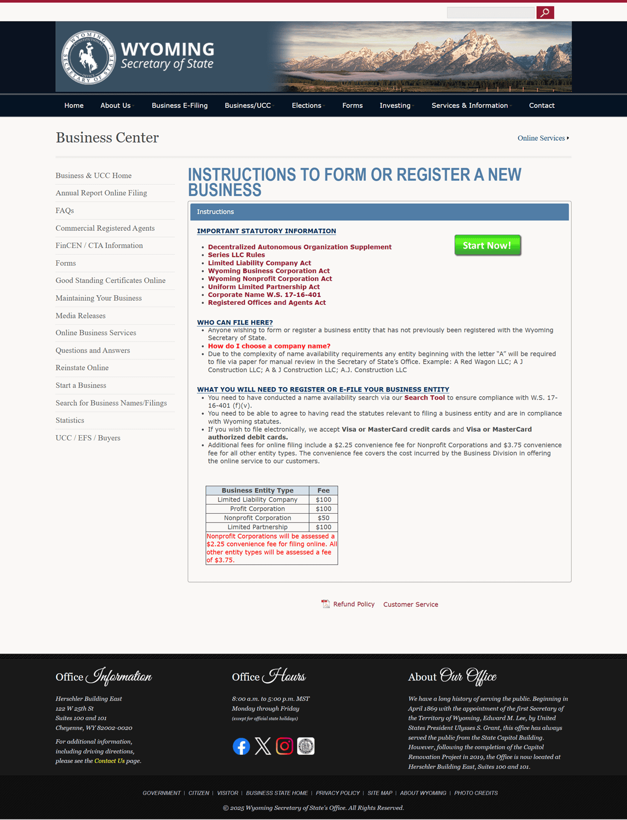 Screenshot of the Wyoming Secretary of State site - How to start an LLC in Wyoming