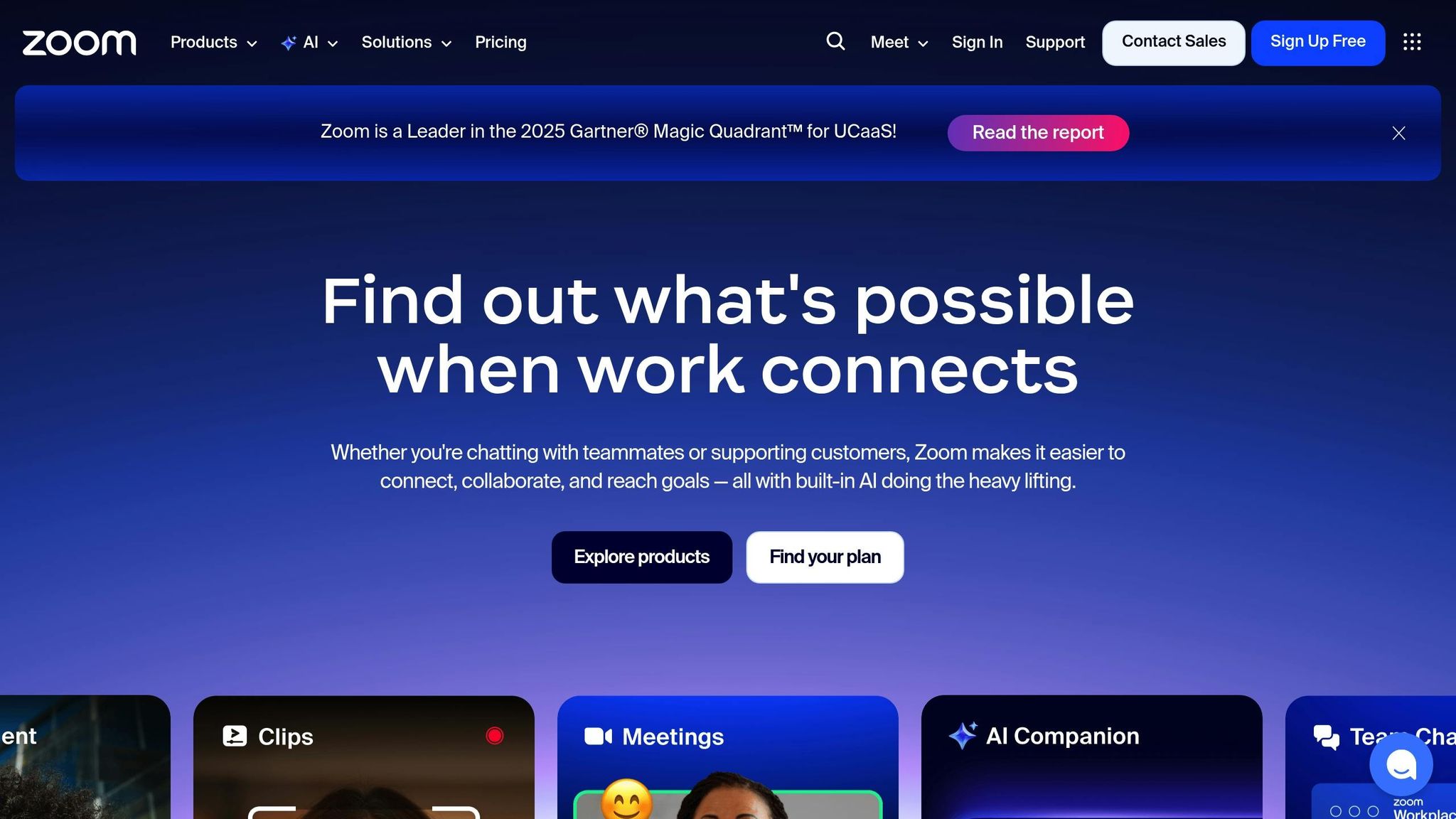 Zoom's user interface showcasing options for meetings, AI companion, and collaboration tools for small teams.