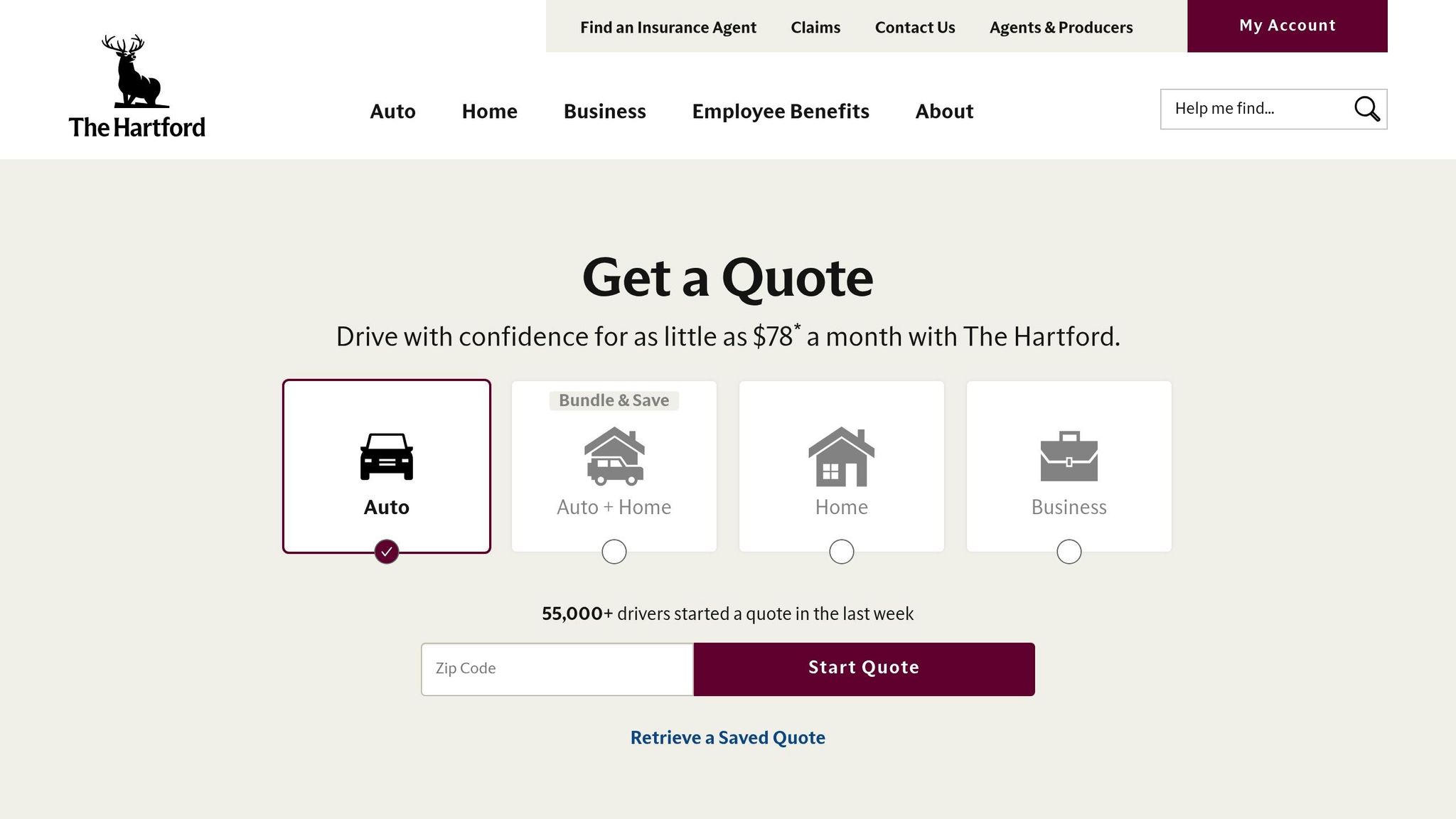Screenshot of The Hartford's online auto insurance quote page showing options for auto, home, and business insurance with a 'Get a Quote' button.