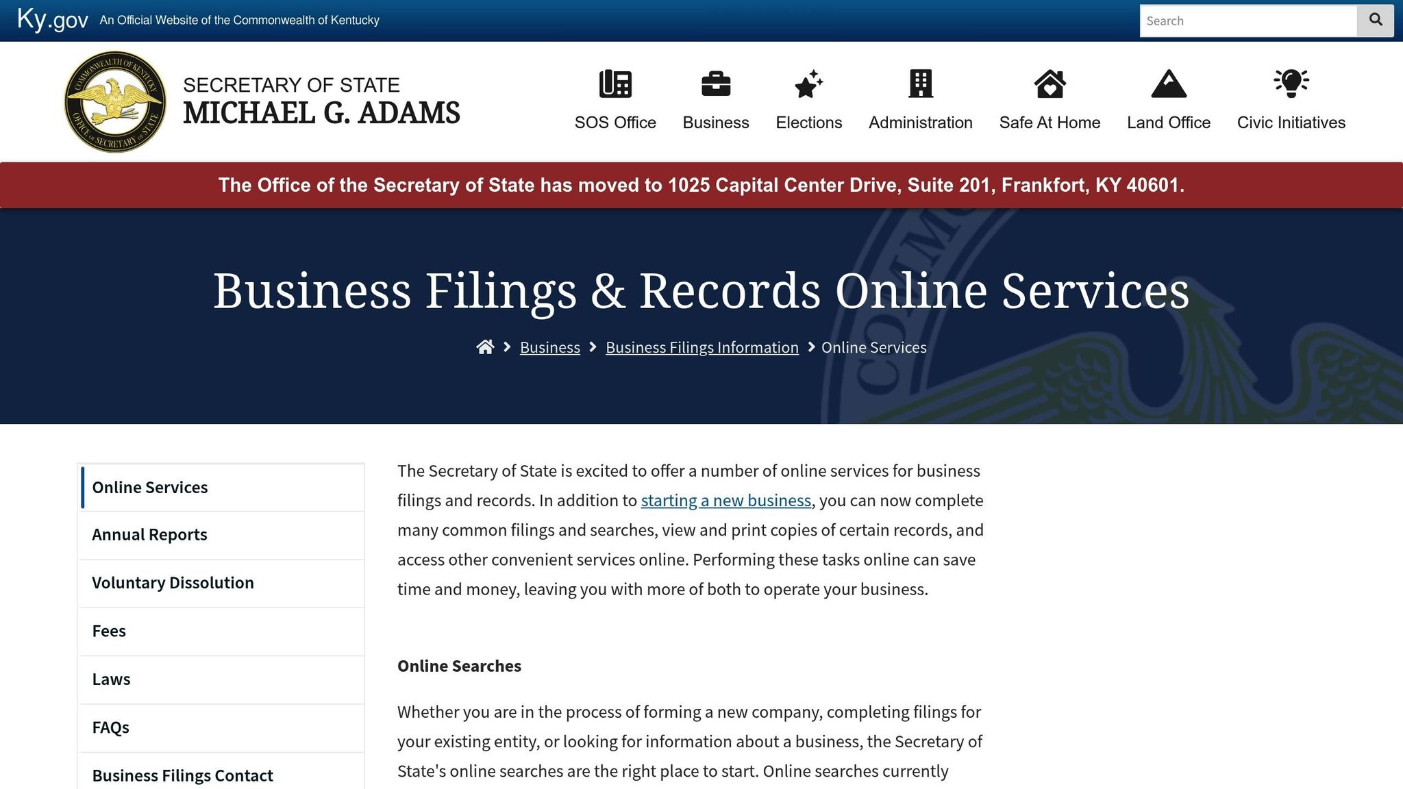 Official Kentucky business filings and records online services provided by the Secretary of State for business registration and compliance.