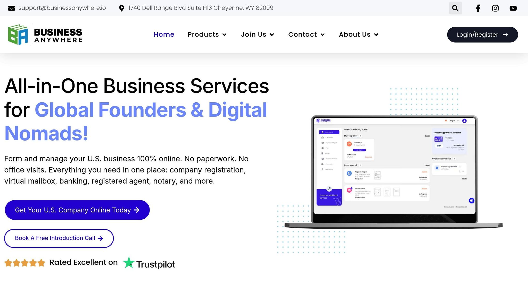 Business Anywhere offers all-in-one business services for global founders and digital nomads, including company registration, virtual mailbox, and banking.