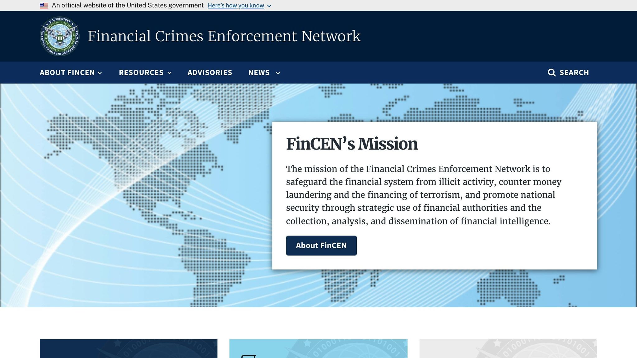 Screenshot of FinCEN's website highlighting its mission to combat financial crimes and promote national security through strategic use of financial intelligence.
