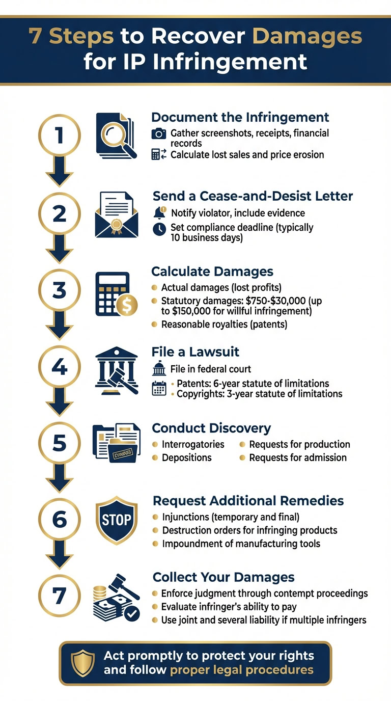 Business Anywhere logo with steps to recover damages for IP infringement, including documenting infringement, sending cease-and-desist letters, and filing lawsuits.