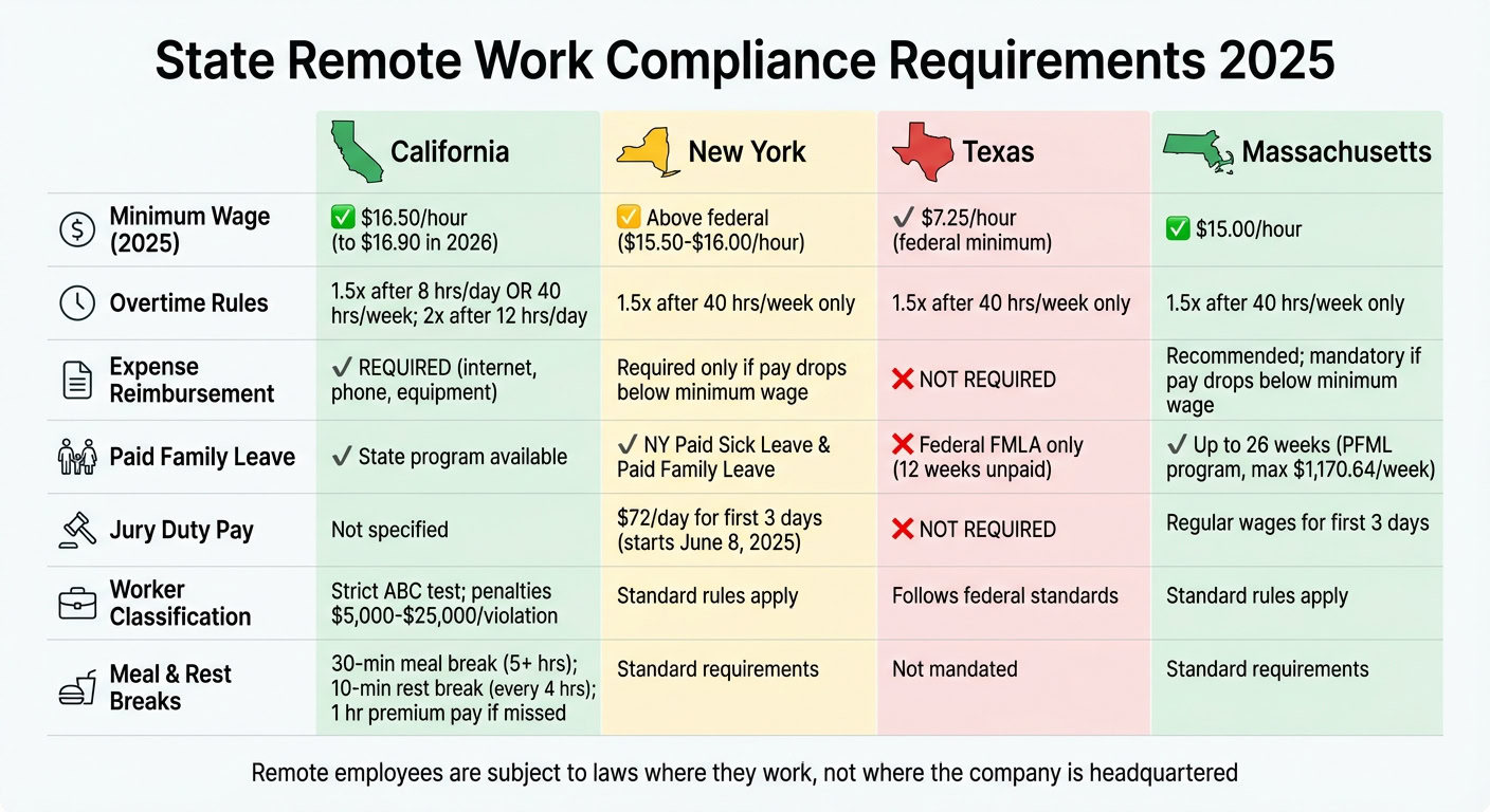 Overview of state remote work laws for California, New York, Texas, and Massachusetts in 2025, including wages, rules, and standards.