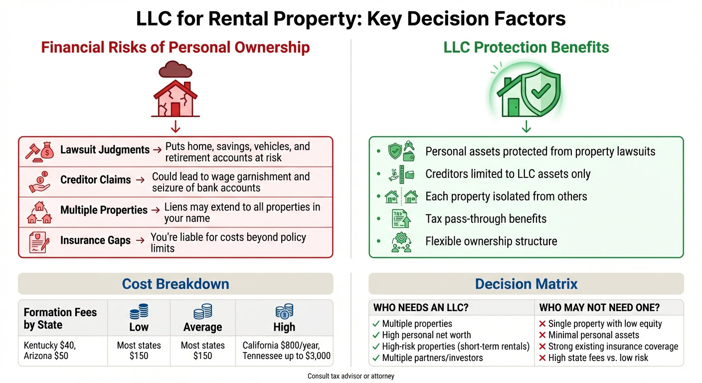 Infographic showing key decision factors for LLCs in rental property protection, including risks and benefits.