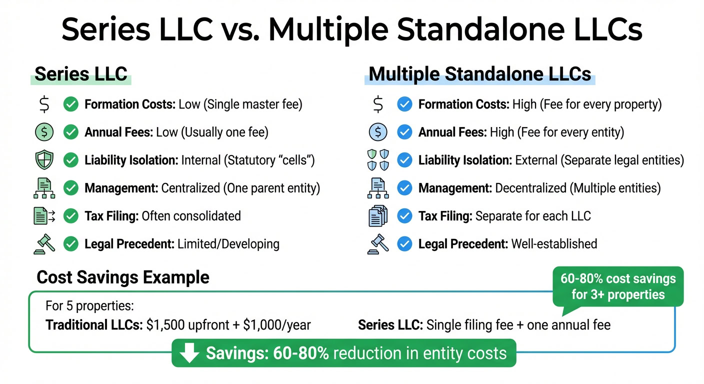 Comparison chart of Series LLC and Multiple Standalone LLCs highlighting costs, management, and legal aspects for real estate investors.
