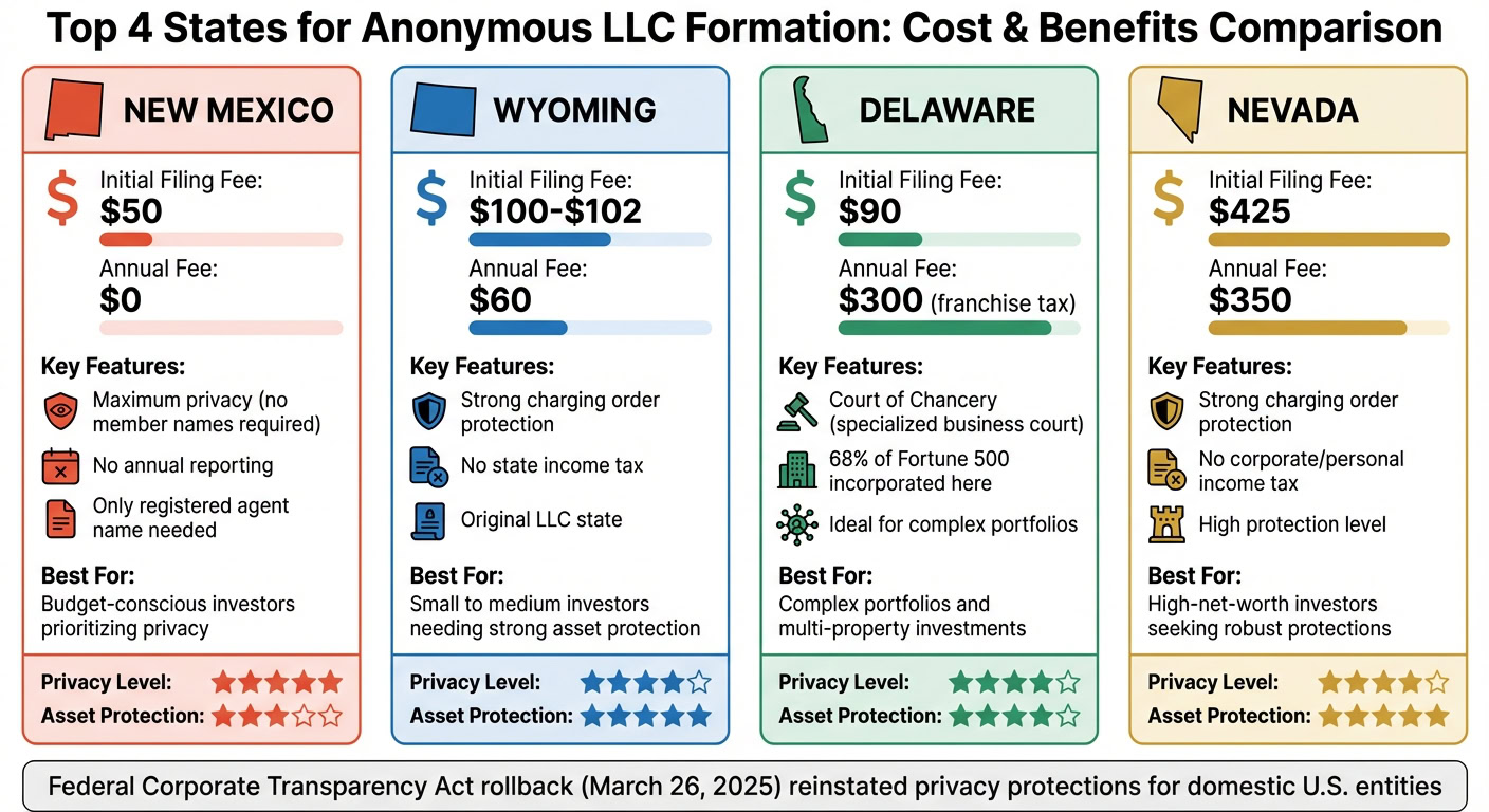Comparison of New Mexico, Wyoming, Delaware, and Nevada LLC formation costs and benefits for real estate investors.