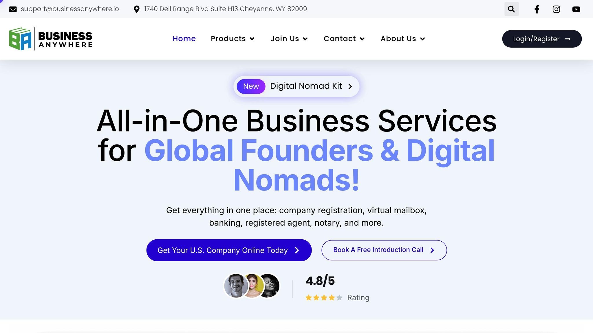 Business Anywhere logo with tagline 'All-in-One Business Services for Global Founders & Digital Nomads' highlighting remote business solutions.