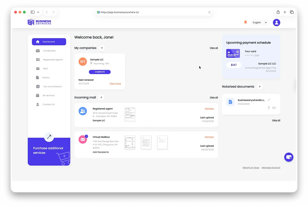 User interface showing business management platform with company info, email, documents, and payment schedule, emphasizing streamlining business operations.