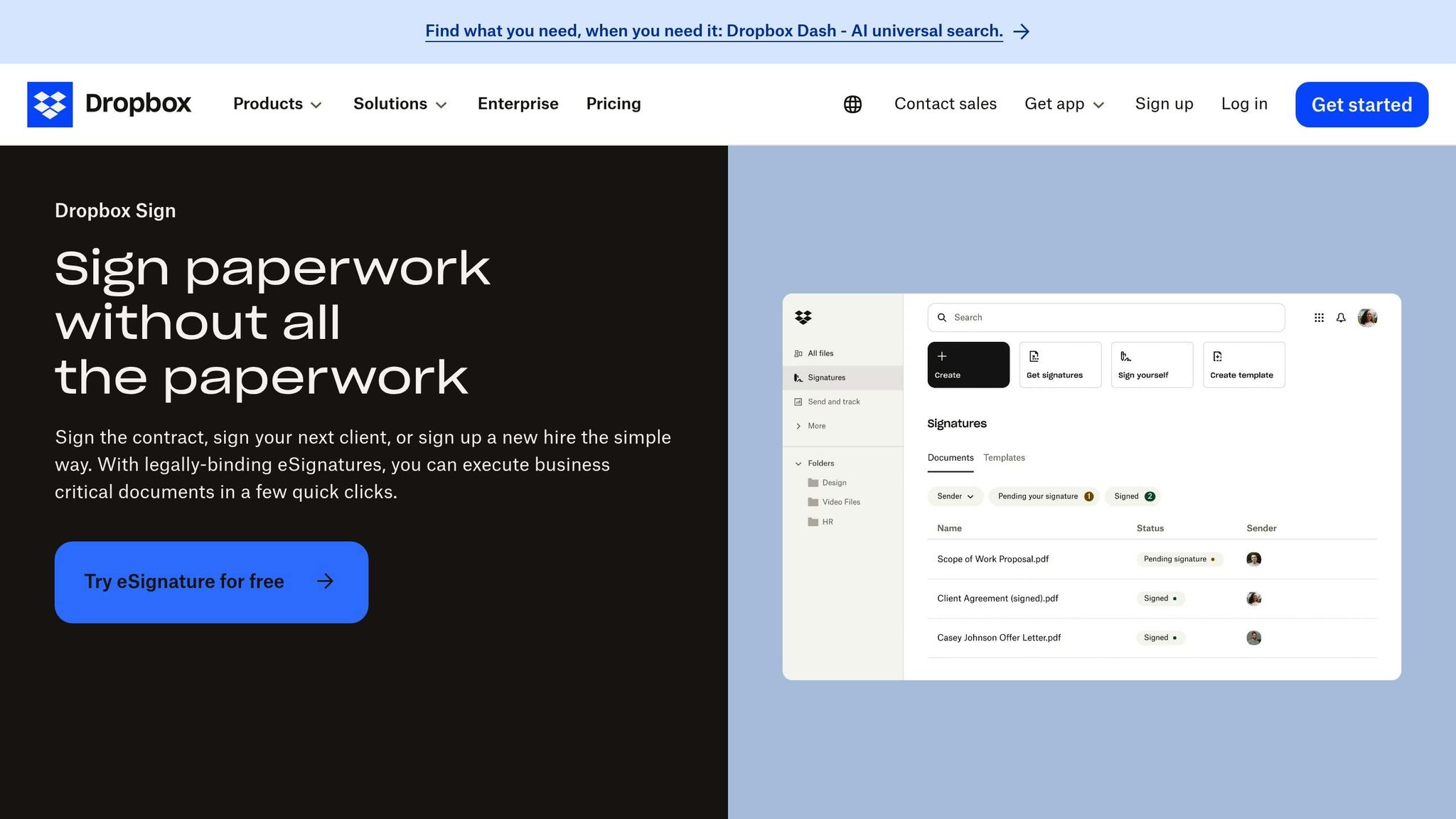 Screenshot of Dropbox Sign platform showcasing electronic signature features for small businesses.