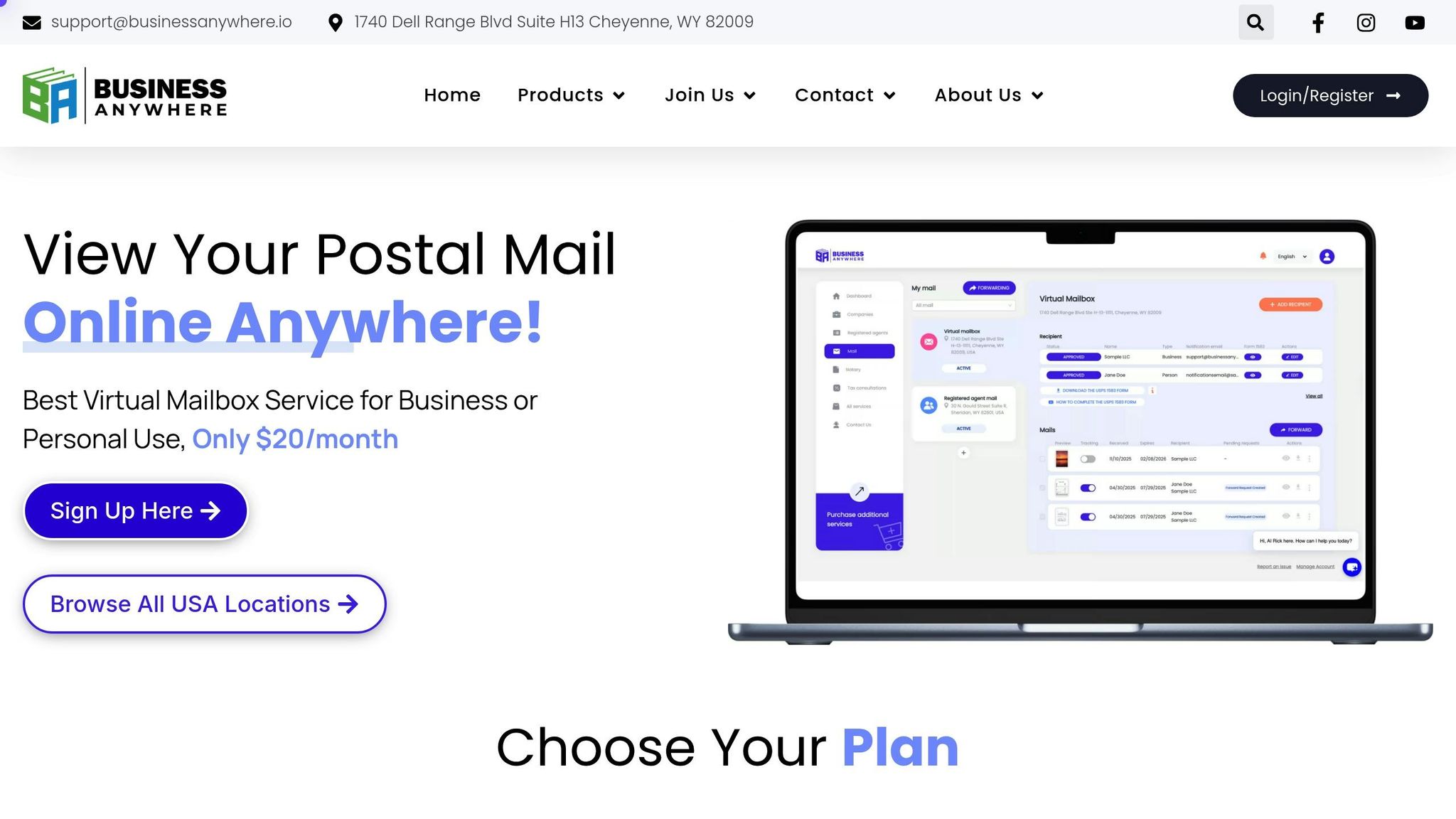 Screenshot of online mailbox management platform for landlords and businesses, showing mailbox options and account dashboard.