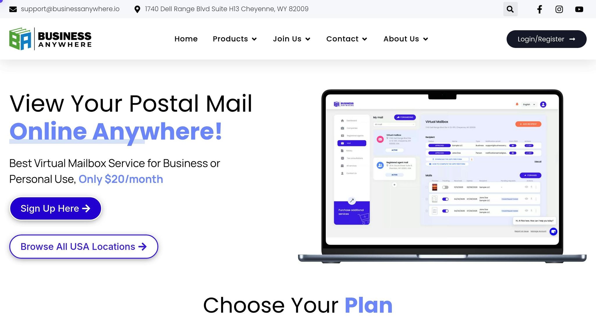 Screenshot of Business Anywhere's virtual mailbox platform showing mail management features for Gilbert, Arizona customers.