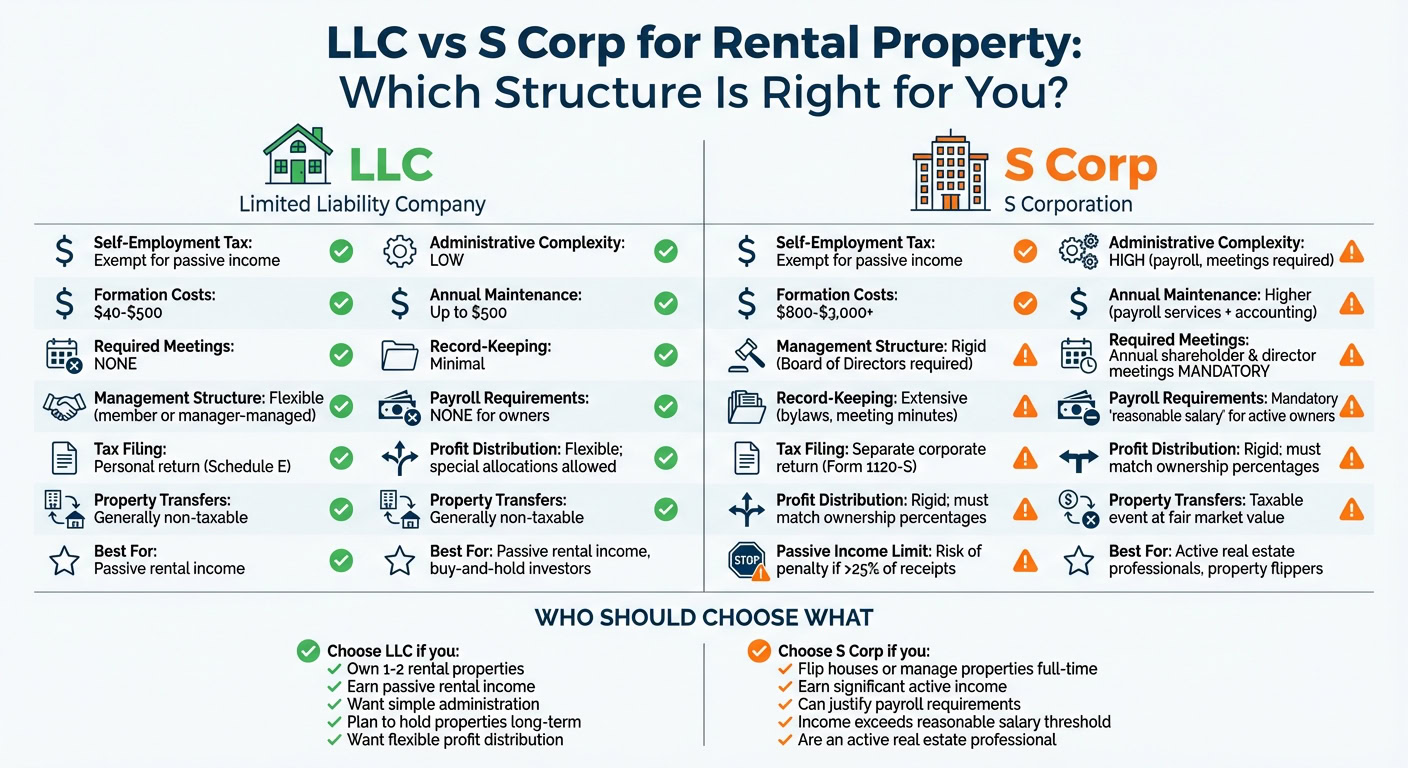 Comparison chart of LLC and S Corporation structures for rental property, highlighting benefits, requirements, and suitability for real estate investors.