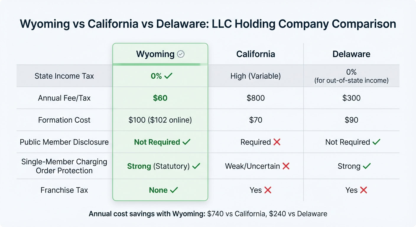 Comparison chart of LLC holding companies in Wyoming, California, and Delaware highlighting tax, fees, and legal differences.